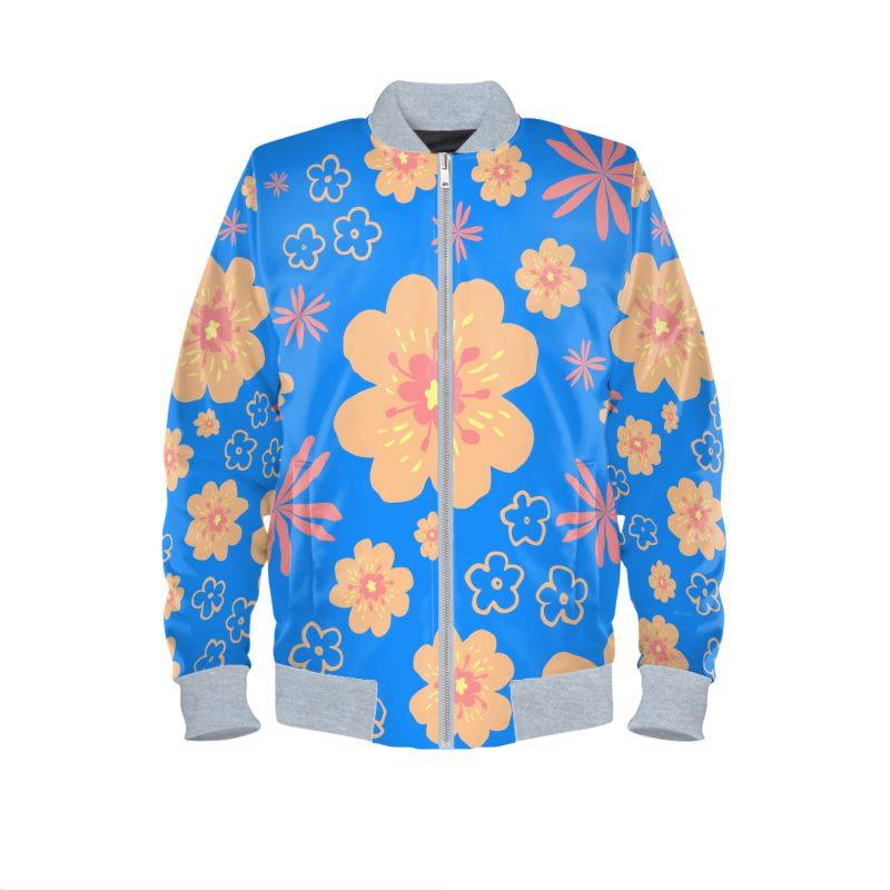 Retro Orange Floral Pattern in Bright Blue Colour Mens Bomber Jacket